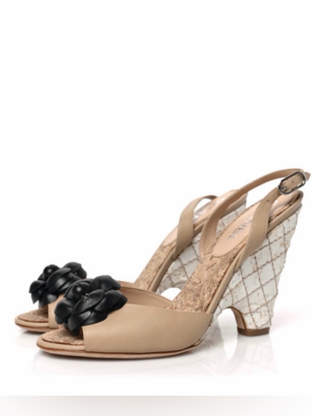 AUTHENTIC Chanel Beige and Black Women's Wedge Sandals, Size 38